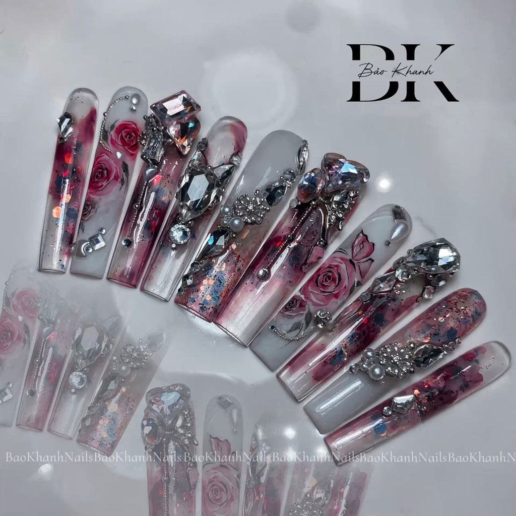 Handmade Luxury 3D Press-On Nails – Pink Rose Design with Crystal & Glitter Embellishments