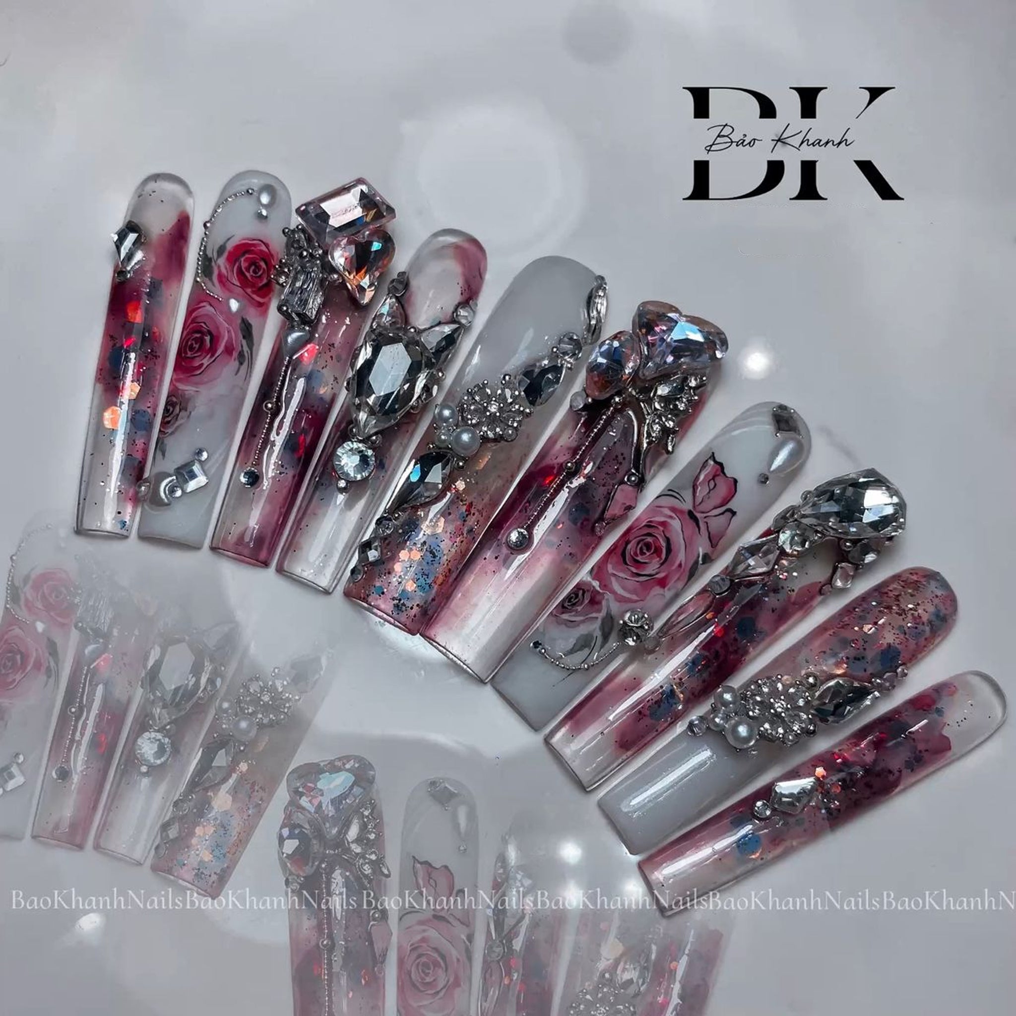 Handmade Luxury 3D Press-On Nails – Pink Rose Design with Crystal & Glitter Embellishments