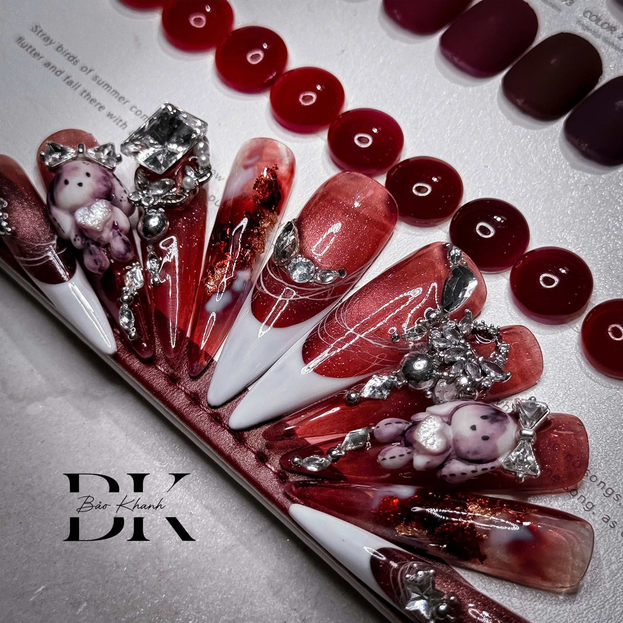 Handmade Red Stiletto Press-On Nails – Cute 3D Teddy Bear & Crystal Rhinestone Nail Art for Unique Luxury Look