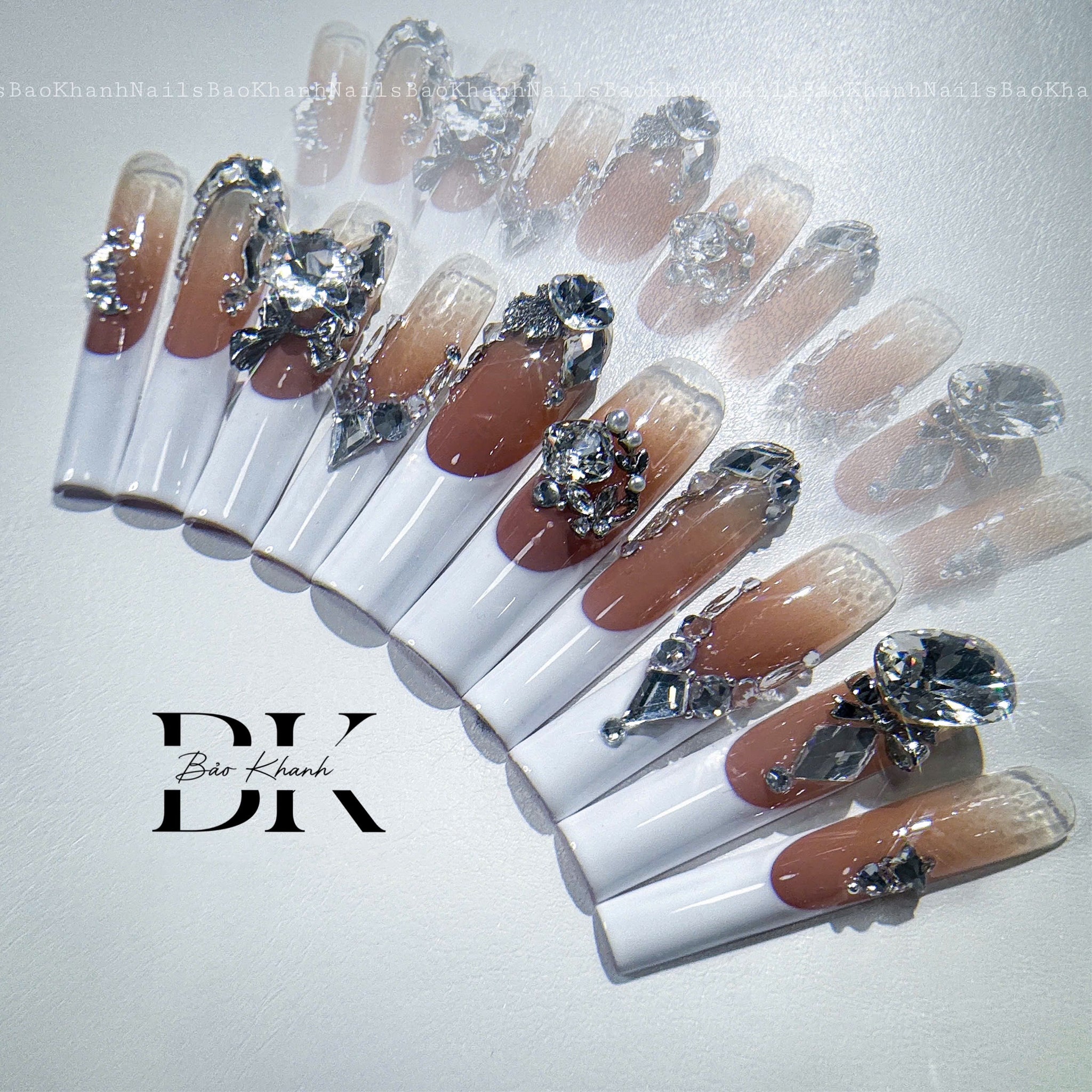 Handmade French Tip Crystal Press-On Nails – Elegant 3D Rhinestone Nail Art for Luxury Manicure