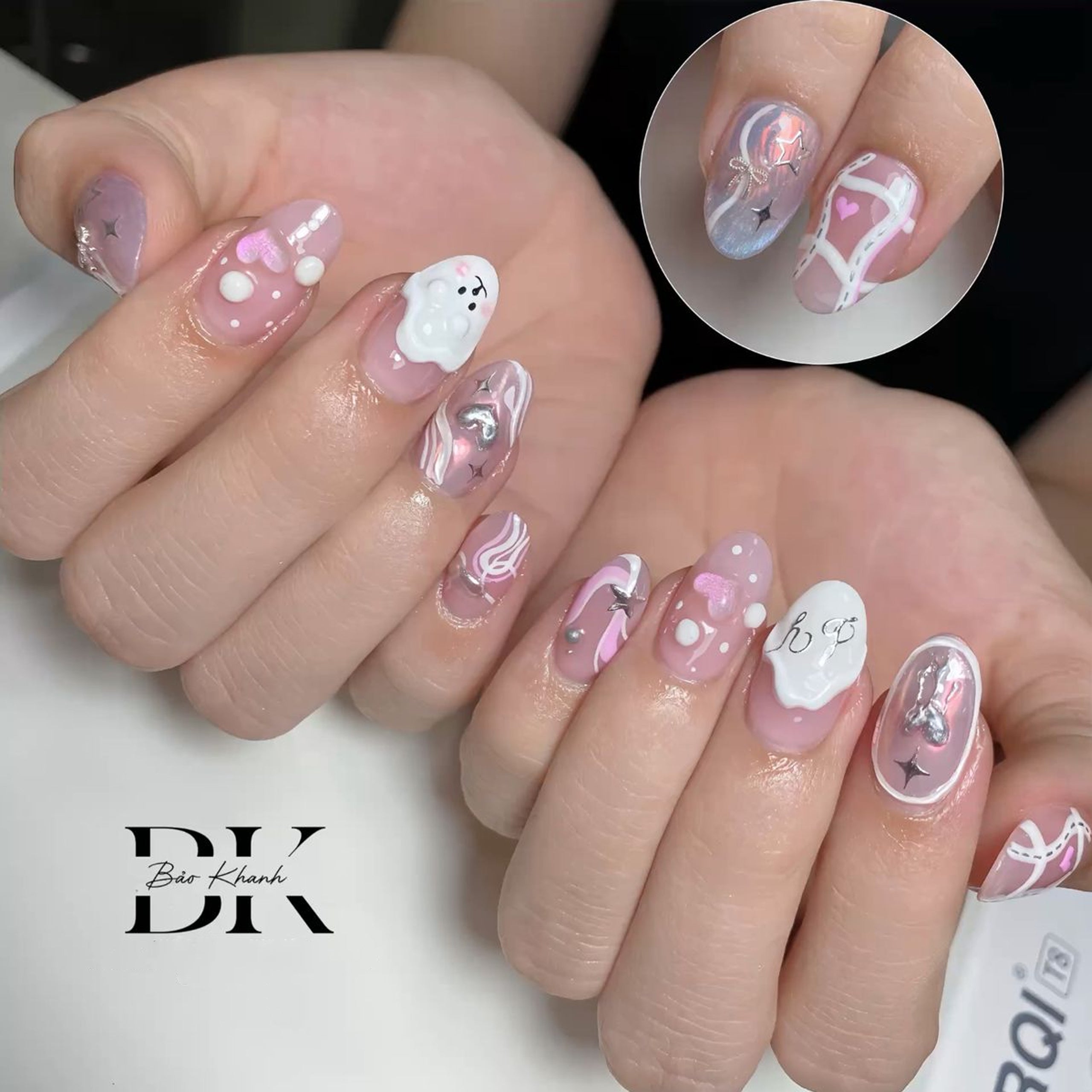 Handmade Pink & White 3D Nail Art Set – Cute Cartoon & Heart Designs with Glossy Finish
