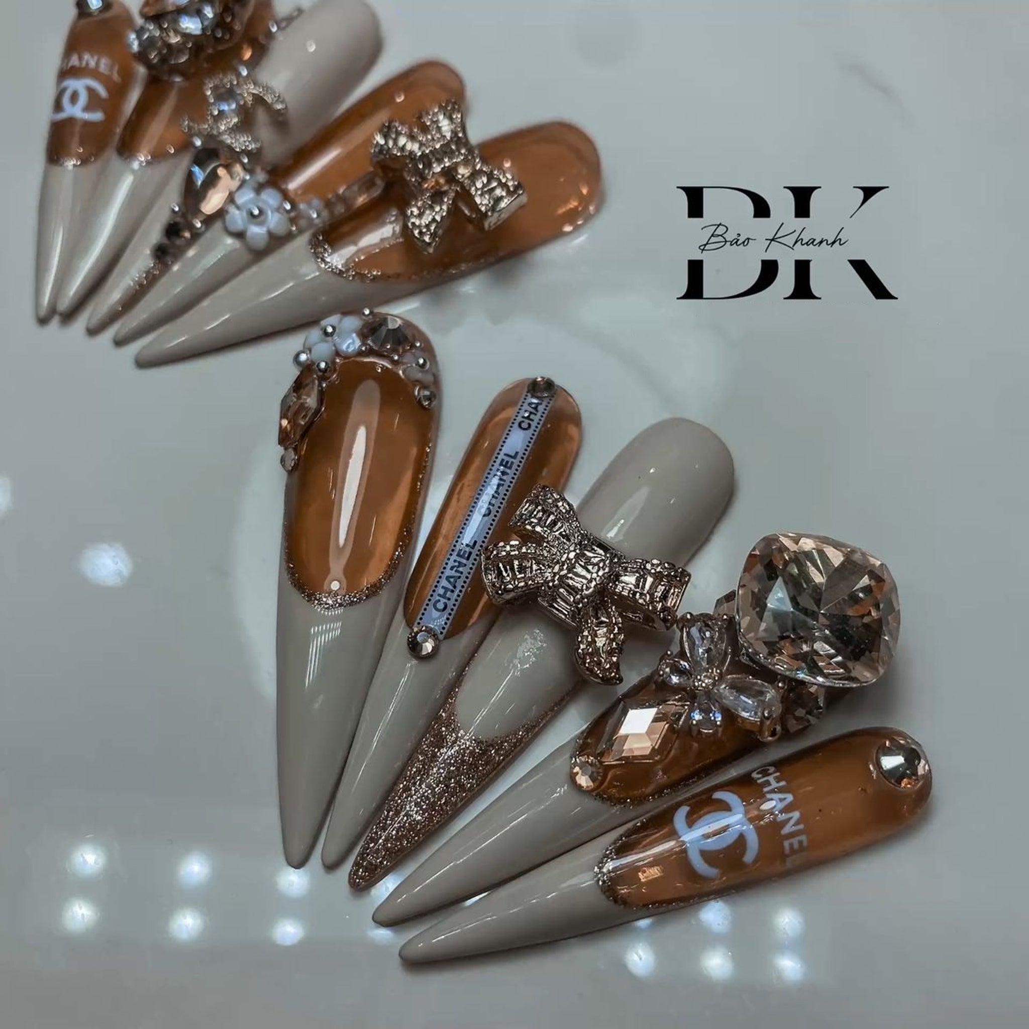 Luxury Nude Caramel Press-On Nails with 3D Bows & Crystals – Long Stiletto, Handmade Designer-Inspired Set