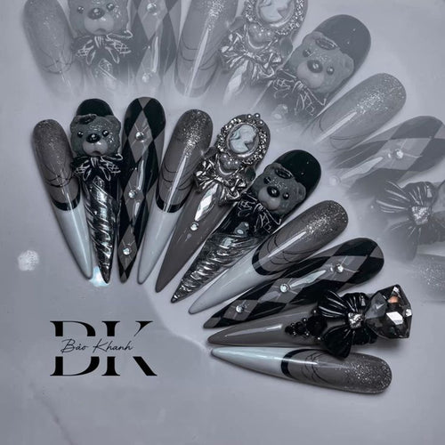Handmade 3D Press On Nails – Black & Silver Gothic Stiletto Set with Bear Charm, Cameo, Bows & Rhinestones