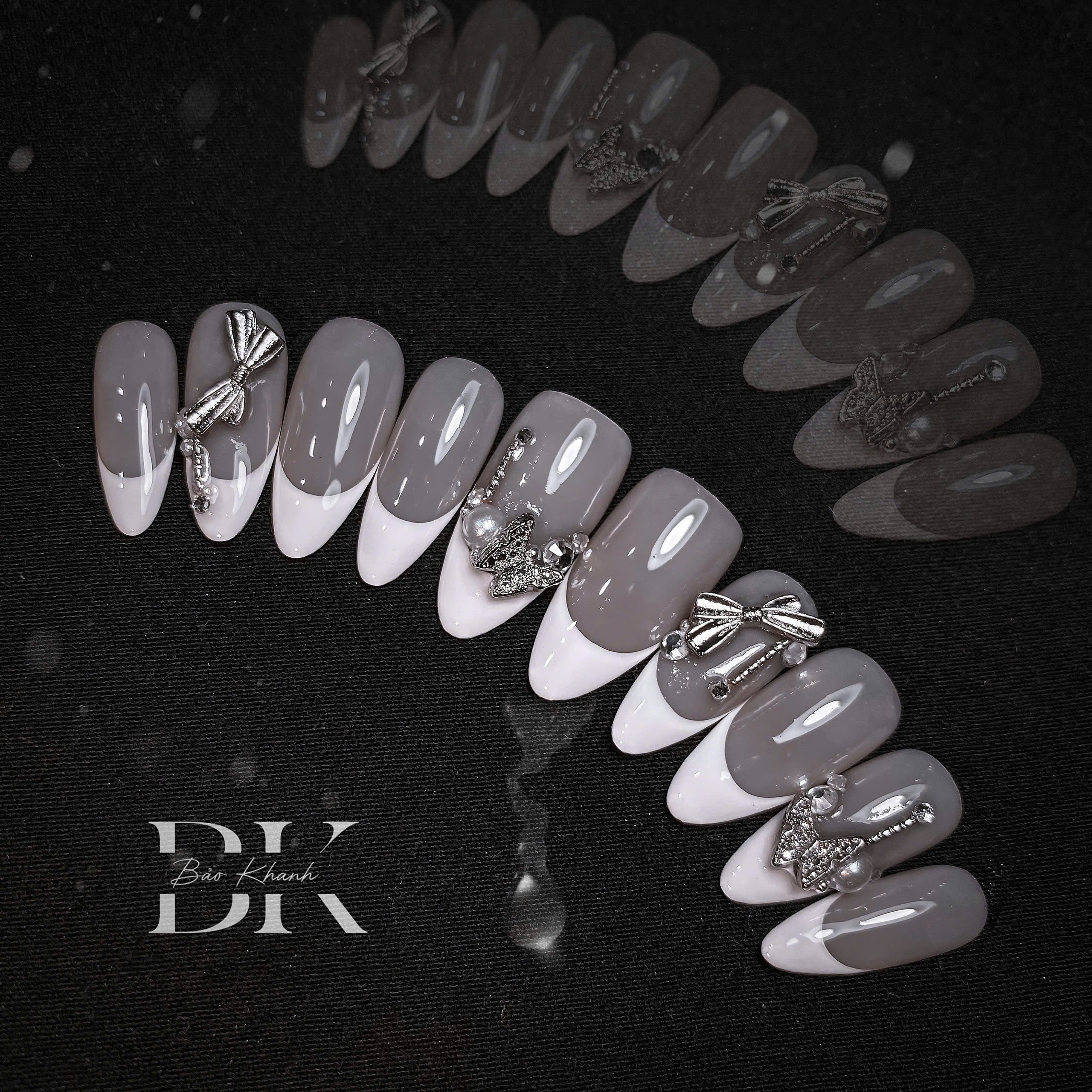 Handmade French Tip Press-On Nails with Silver Bows – Elegant Nude and White Nail Art Set