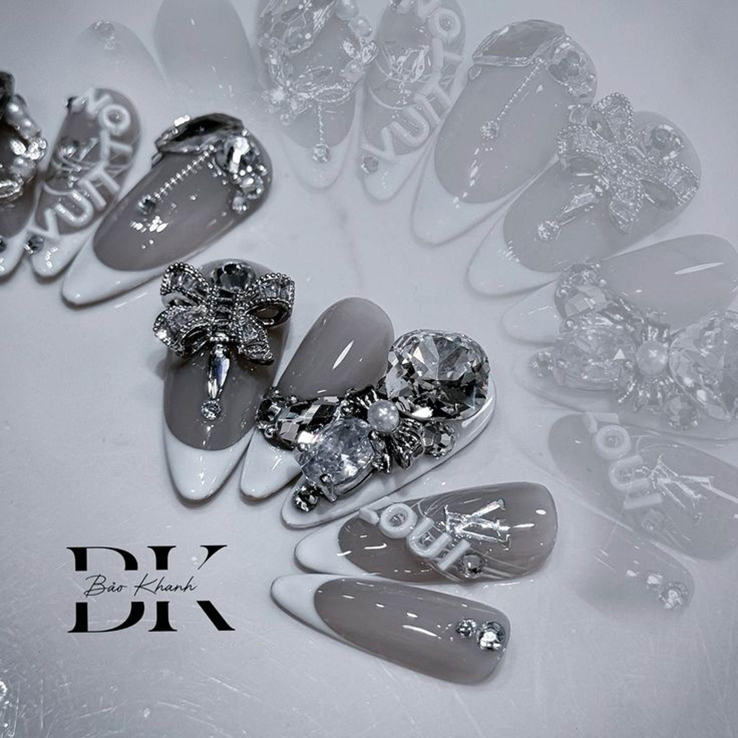 Handmade Luxury French Tip Press-On Nails – Elegant Nude Gray with 3D Rhinestone & Bow Accents