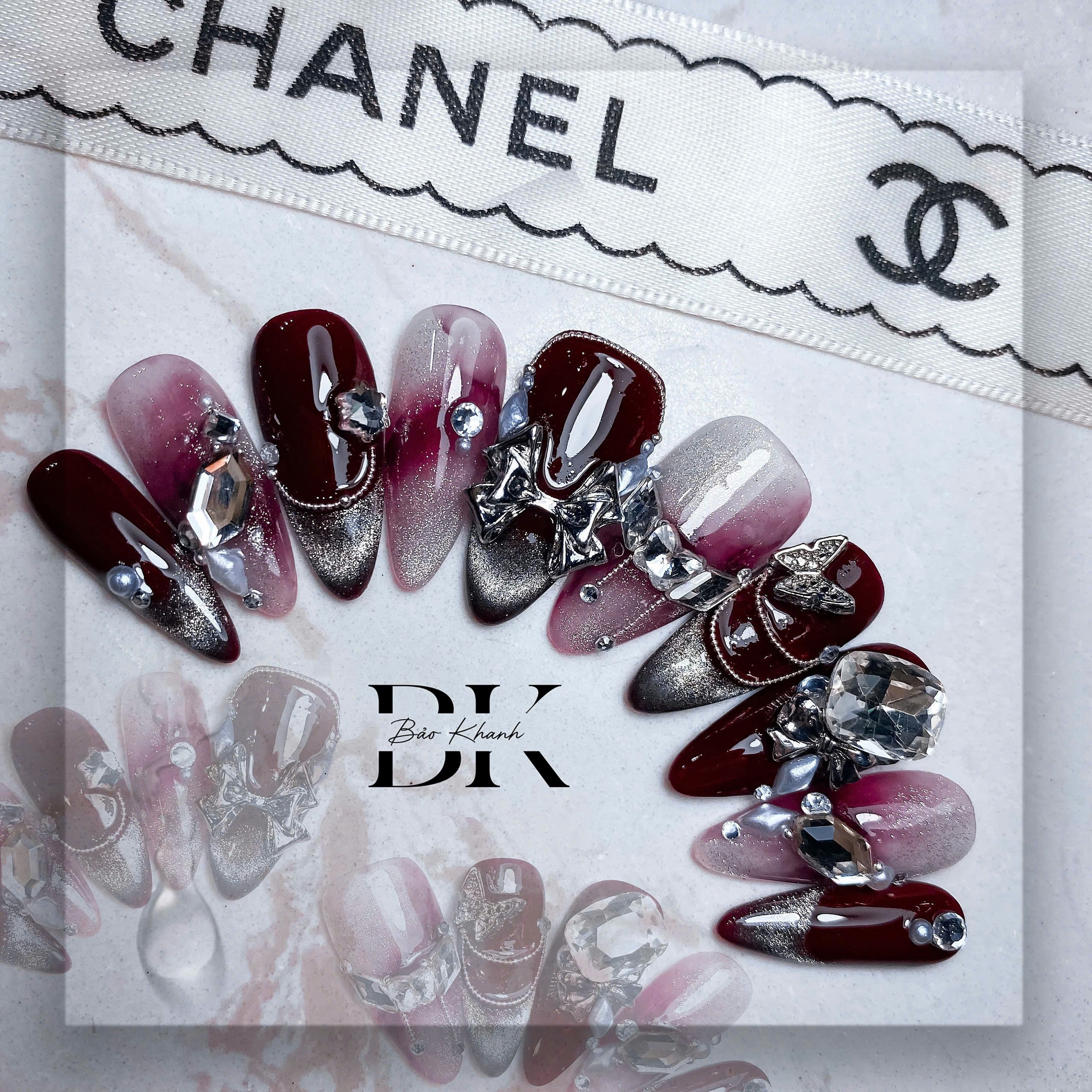 Handmade Burgundy Glitter Press-On Nails with 3D Rhinestones – Custom Luxury Nail Art Set