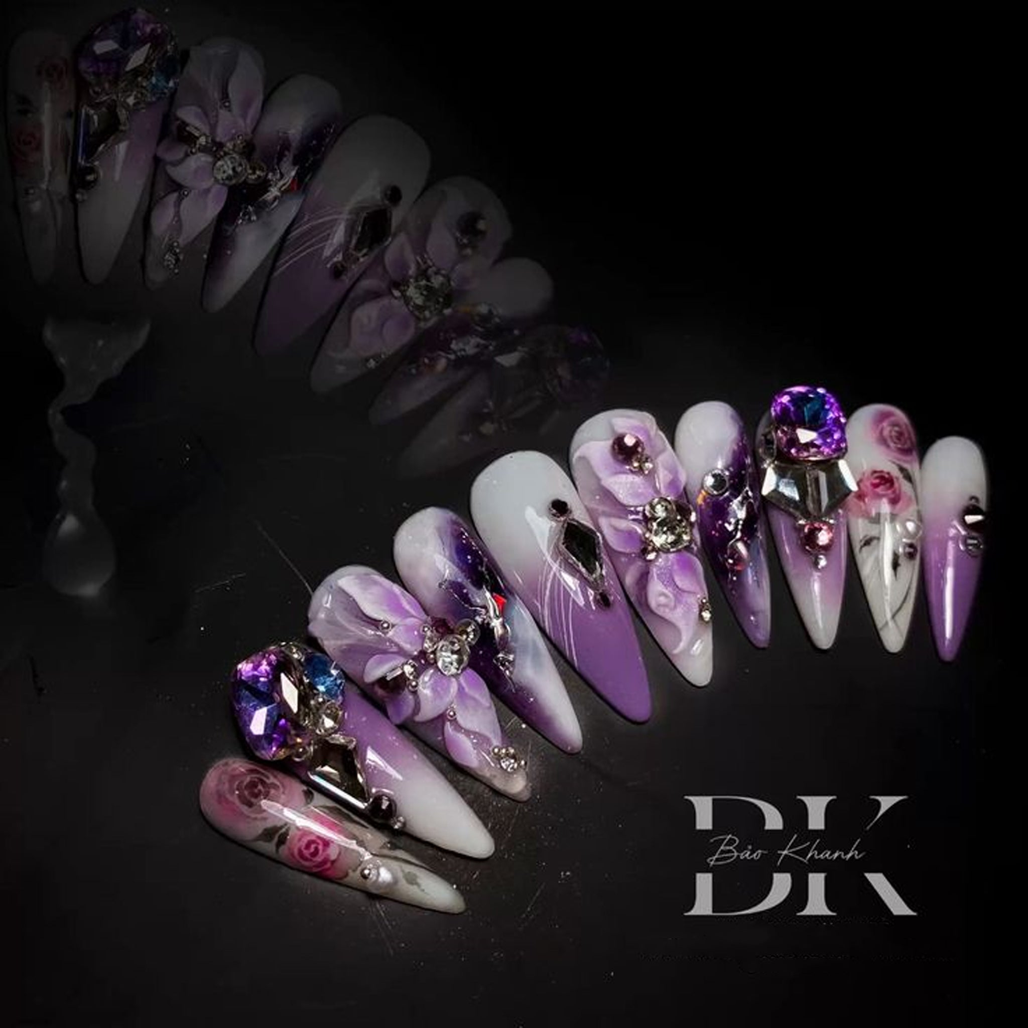 Handmade Purple Ombre Press-On Nails – 3D Floral & Crystal Rhinestones, Long Stiletto, Reusable Luxury Set