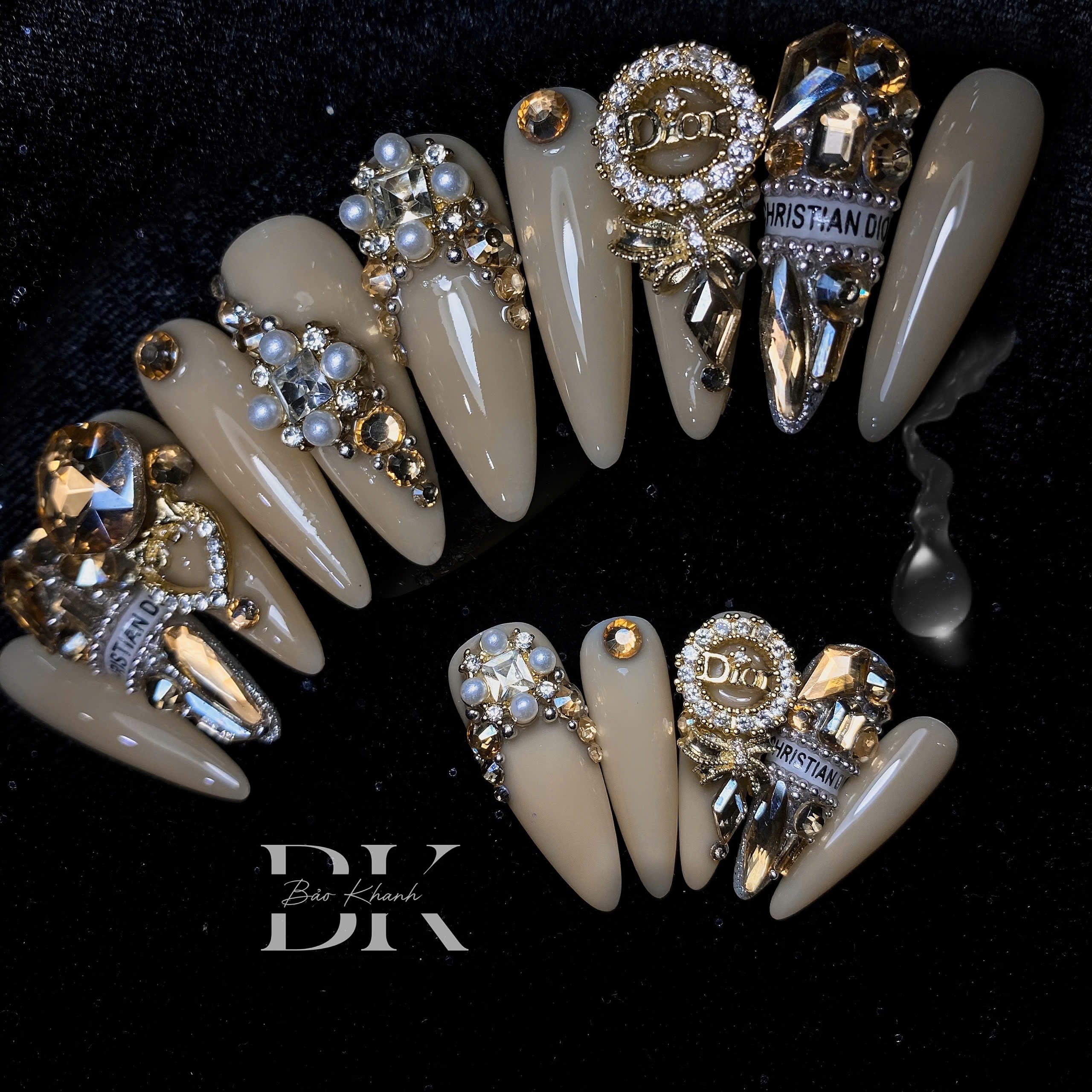 Handmade Luxury Dior-Inspired Press-On Nails – Nude Stiletto with 3D Crystals, Pearls & Elegant Gold Accents