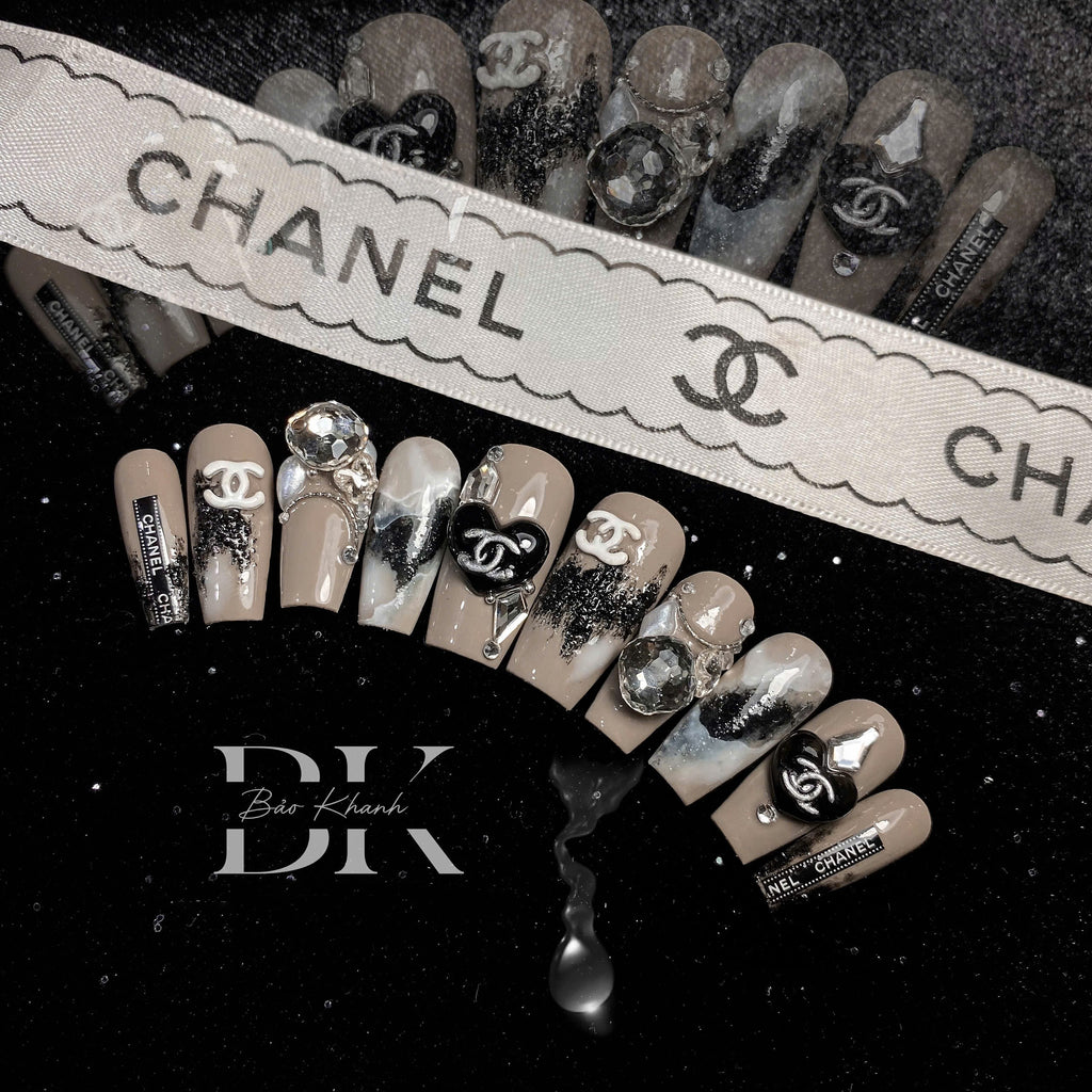 Handmade Luxury Nude Press-On Nails – Elegant Black & White Chanel-Inspired Nail Art with 3D Crystal Accents