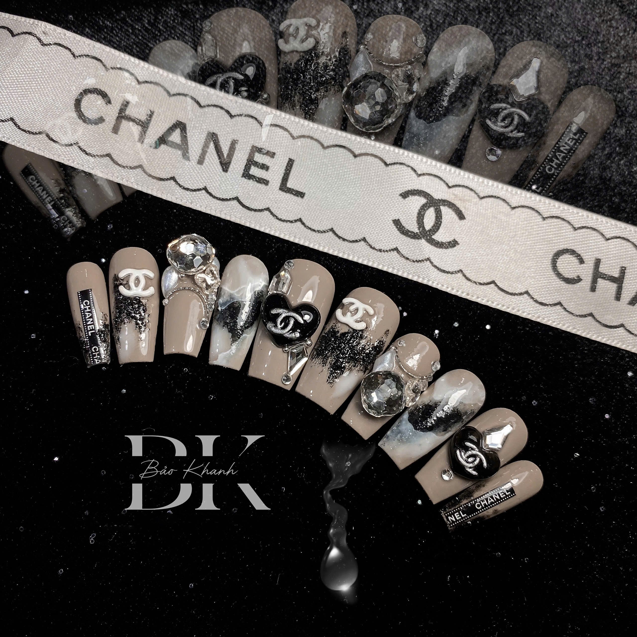 Handmade Luxury Nude Press-On Nails – Elegant Black & White Chanel-Inspired Nail Art with 3D Crystal Accents