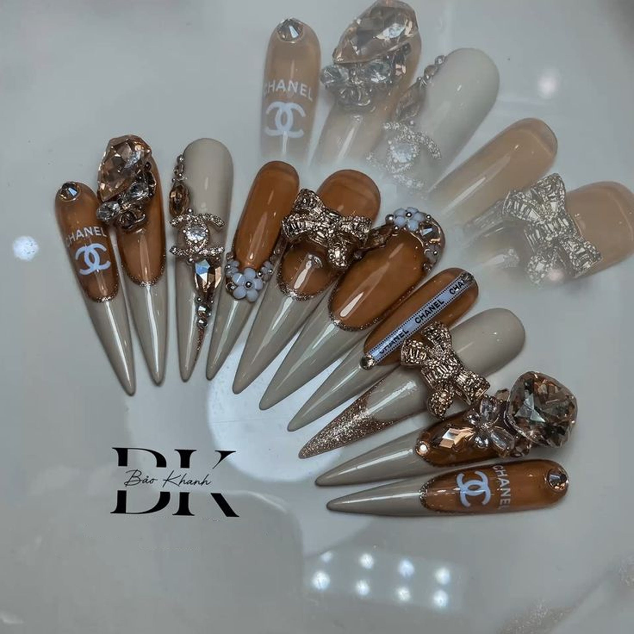 Luxury Nude Caramel Press-On Nails with 3D Bows & Crystals – Long Stiletto, Handmade Designer-Inspired Set