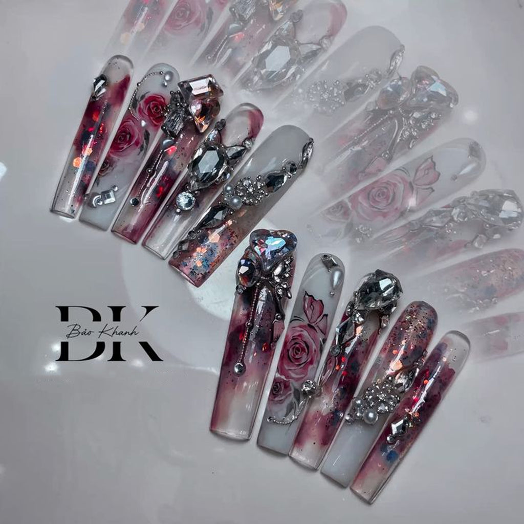 Handmade Luxury 3D Press-On Nails – Pink Rose Design with Crystal & Glitter Embellishments