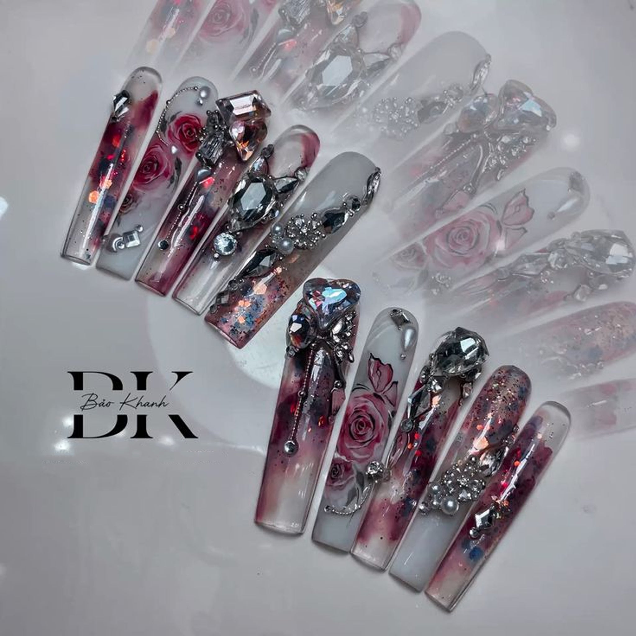 Handmade Luxury 3D Press-On Nails – Pink Rose Design with Crystal & Glitter Embellishments