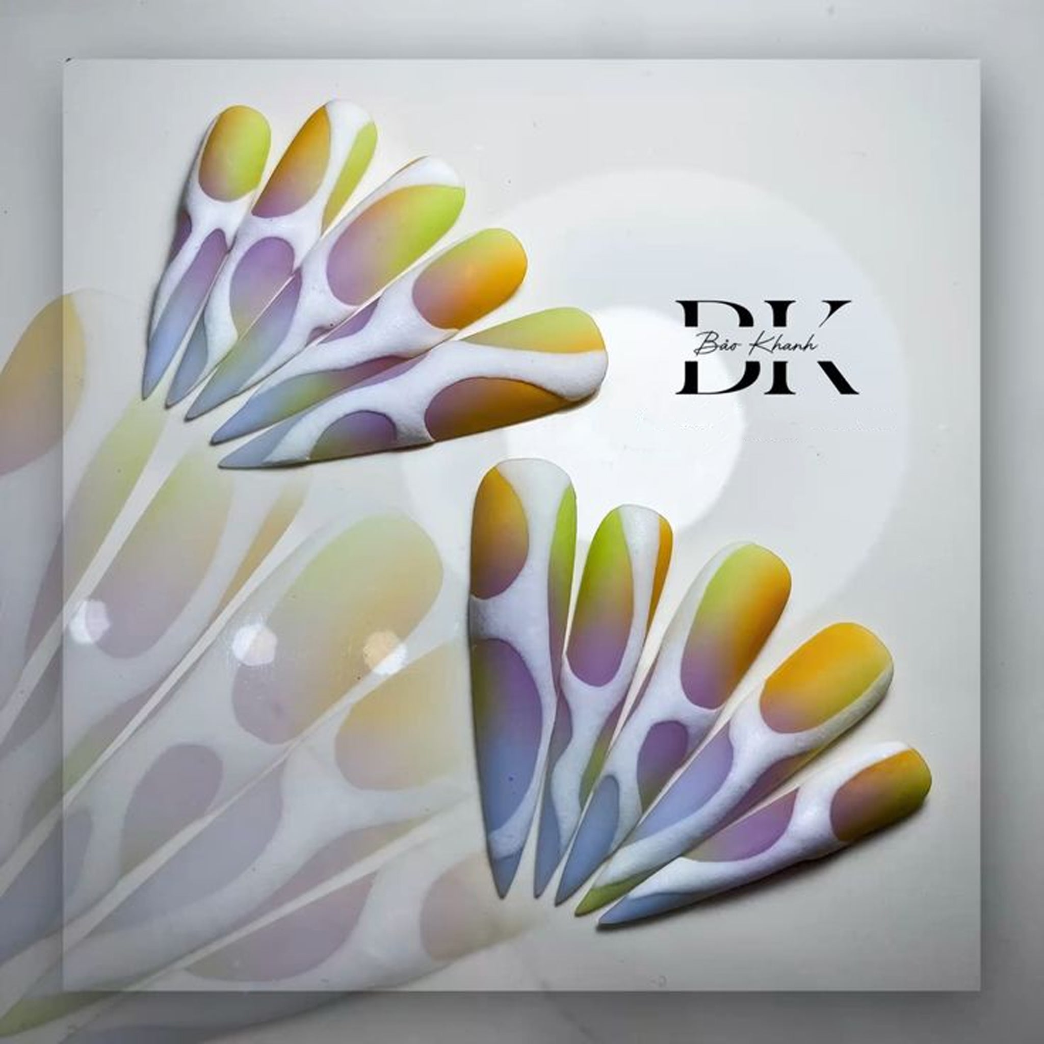 Handmade Airbrush Aura Press On Nails – Pastel Swirl Stiletto Set (Yellow-Green-Purple) on White, Reusable Custom Sizes