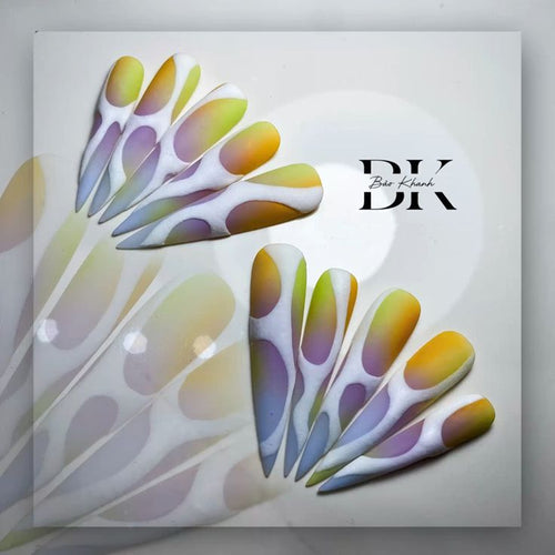 Handmade Airbrush Aura Press On Nails – Pastel Swirl Stiletto Set (Yellow-Green-Purple) on White, Reusable Custom Sizes