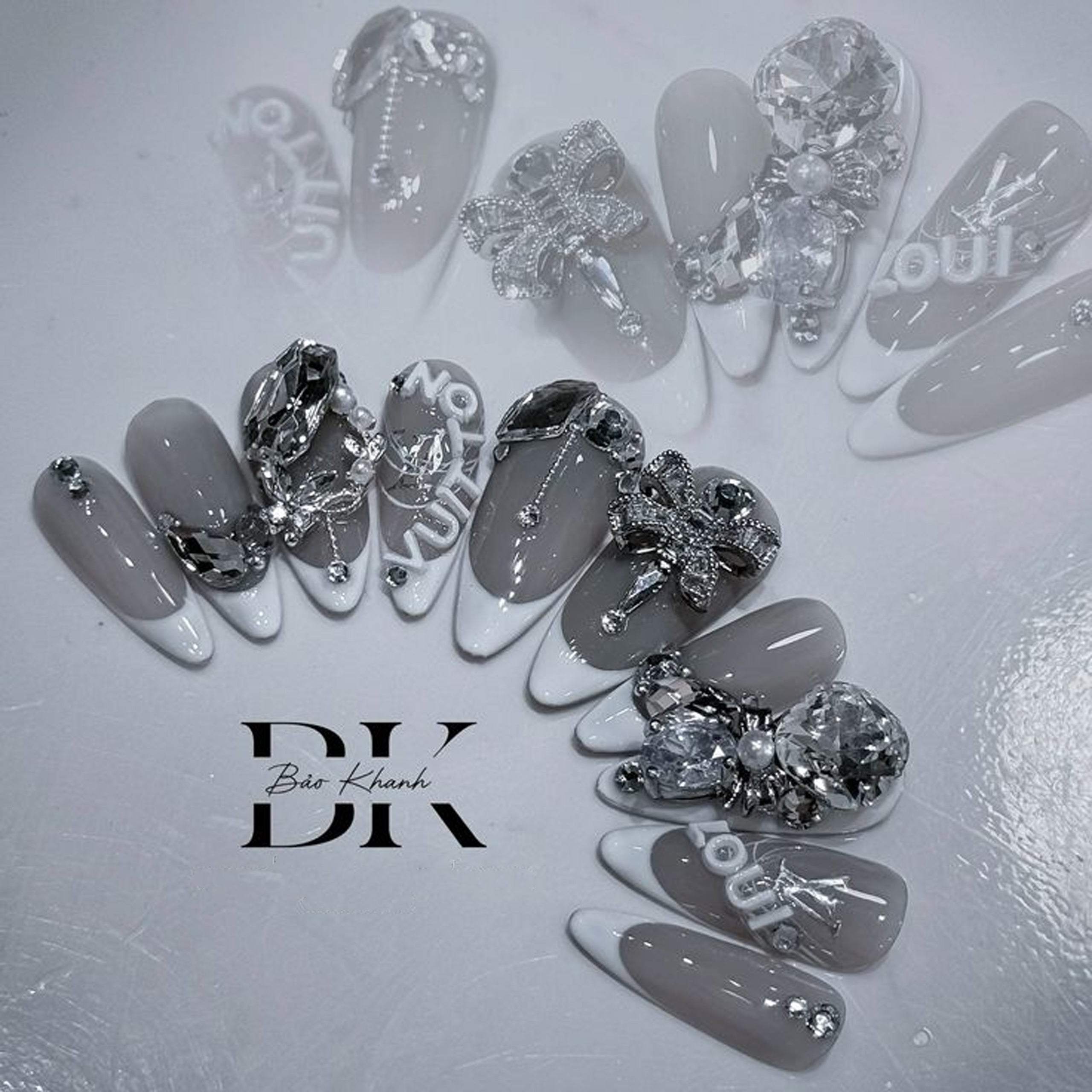 Handmade Luxury French Tip Press-On Nails – Elegant Nude Gray with 3D Rhinestone & Bow Accents