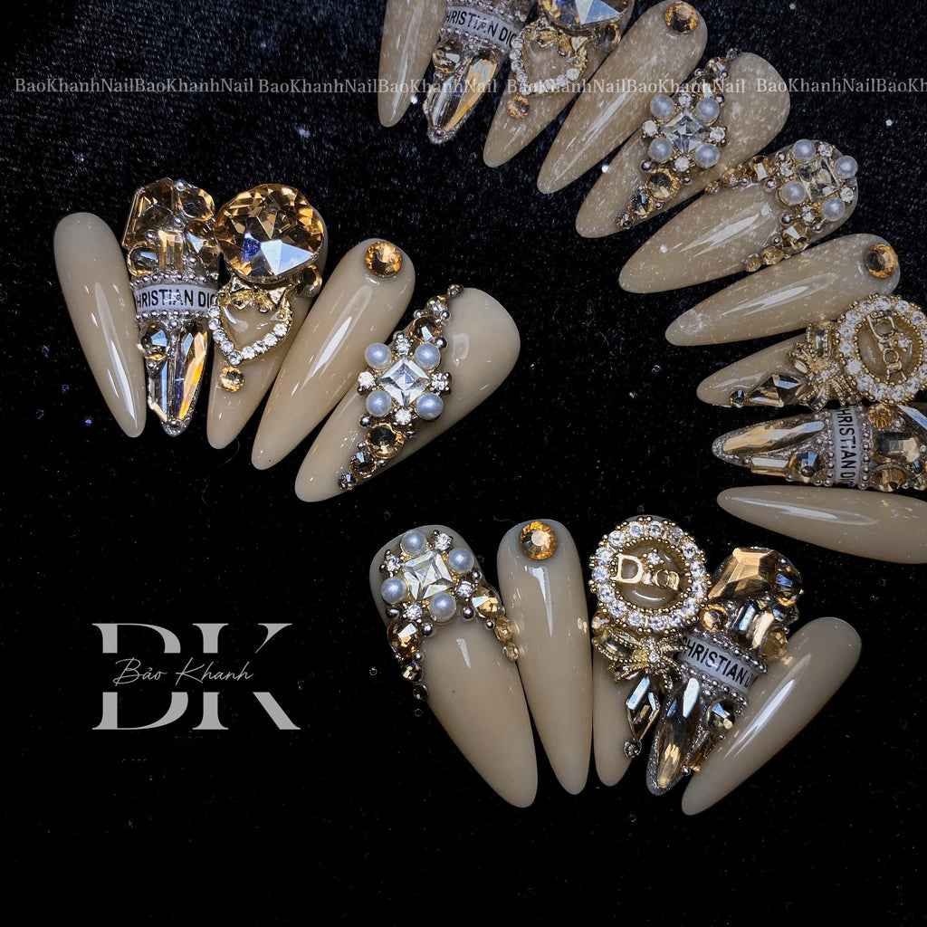 Handmade Luxury Dior-Inspired Press-On Nails – Nude Stiletto with 3D Crystals, Pearls & Elegant Gold Accents