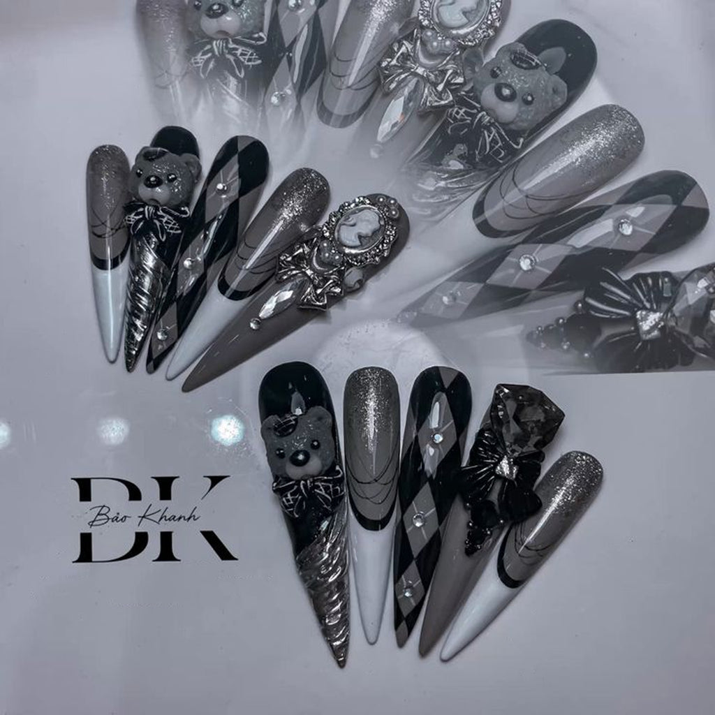 Handmade 3D Press On Nails – Black & Silver Gothic Stiletto Set with Bear Charm, Cameo, Bows & Rhinestones