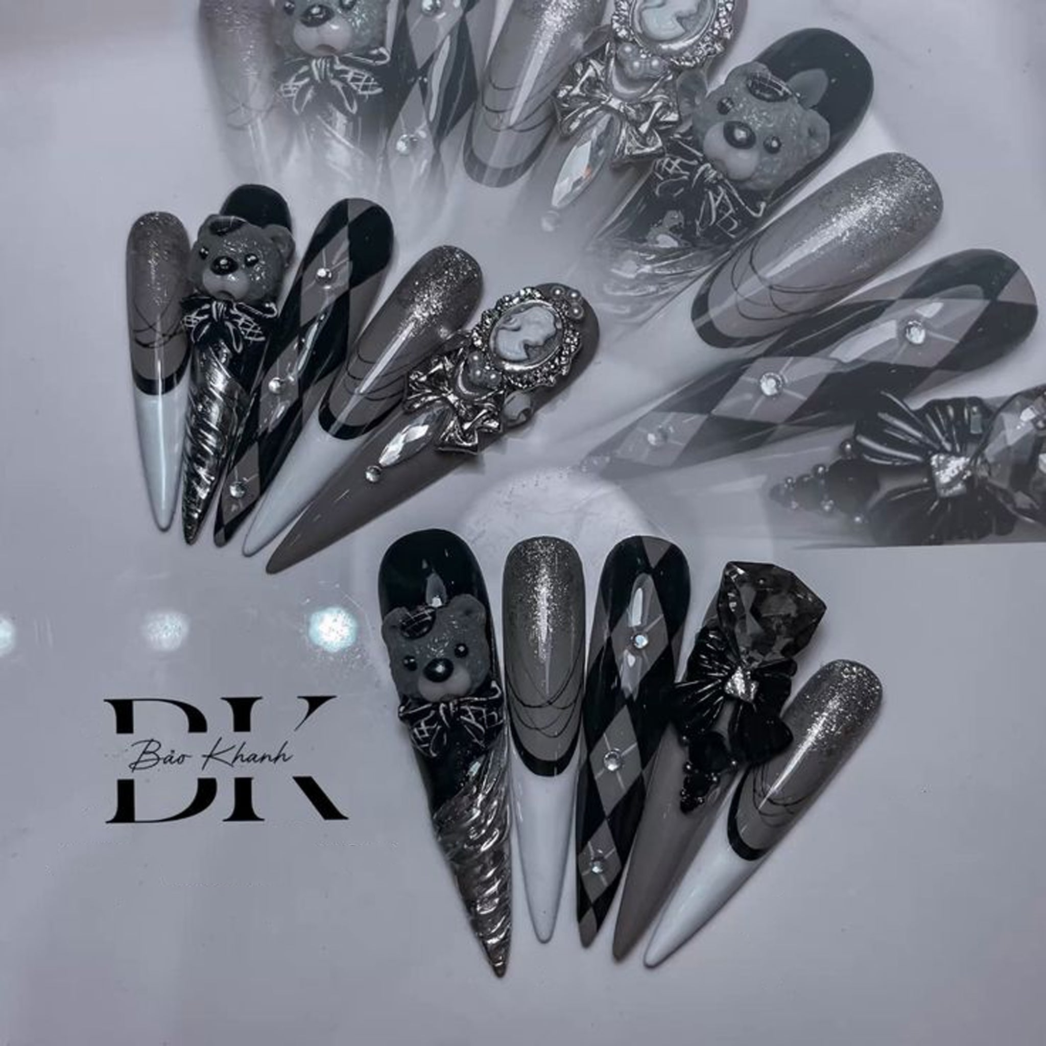 Handmade 3D Press On Nails – Black & Silver Gothic Stiletto Set with Bear Charm, Cameo, Bows & Rhinestones