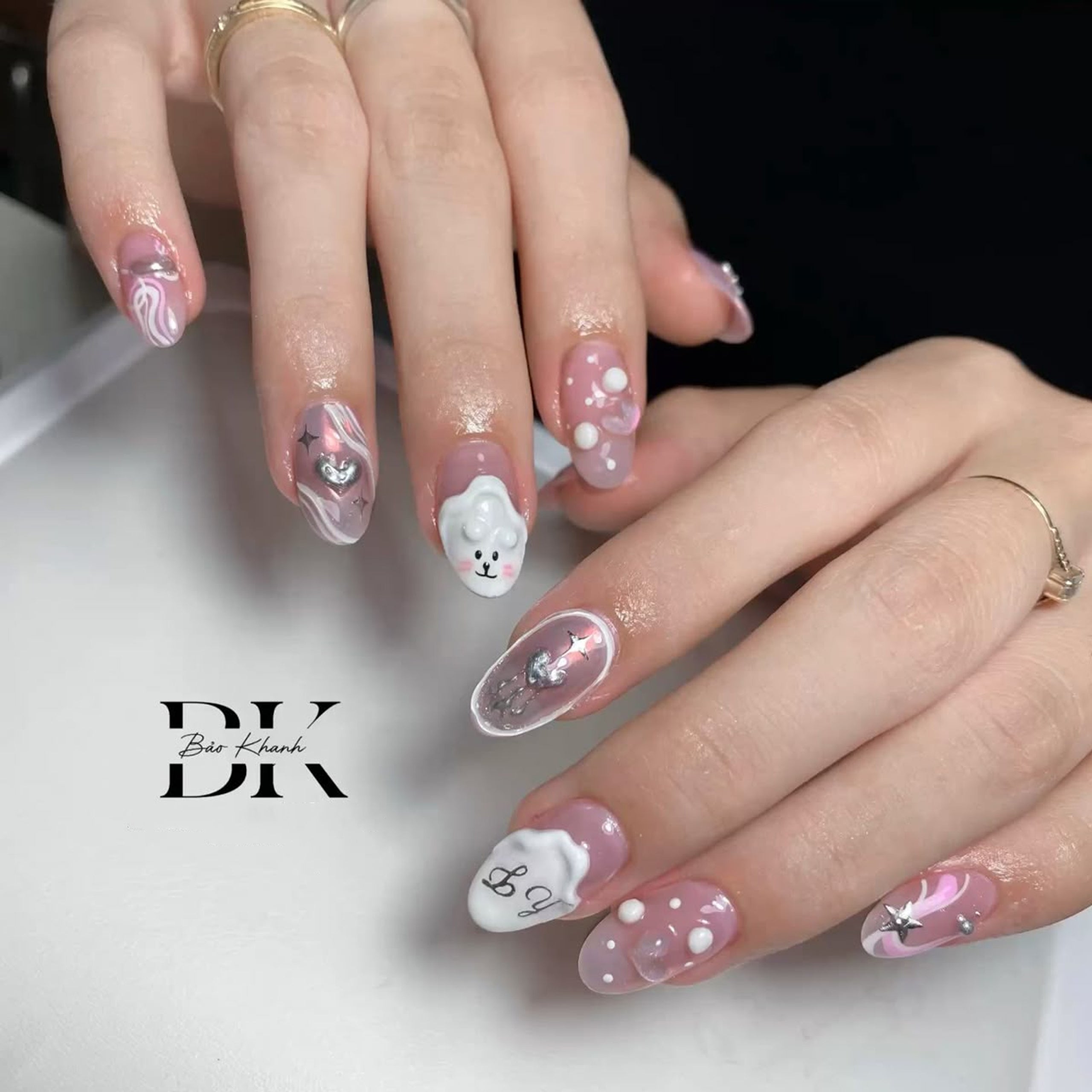Handmade Pink & White 3D Nail Art Set – Cute Cartoon & Heart Designs with Glossy Finish