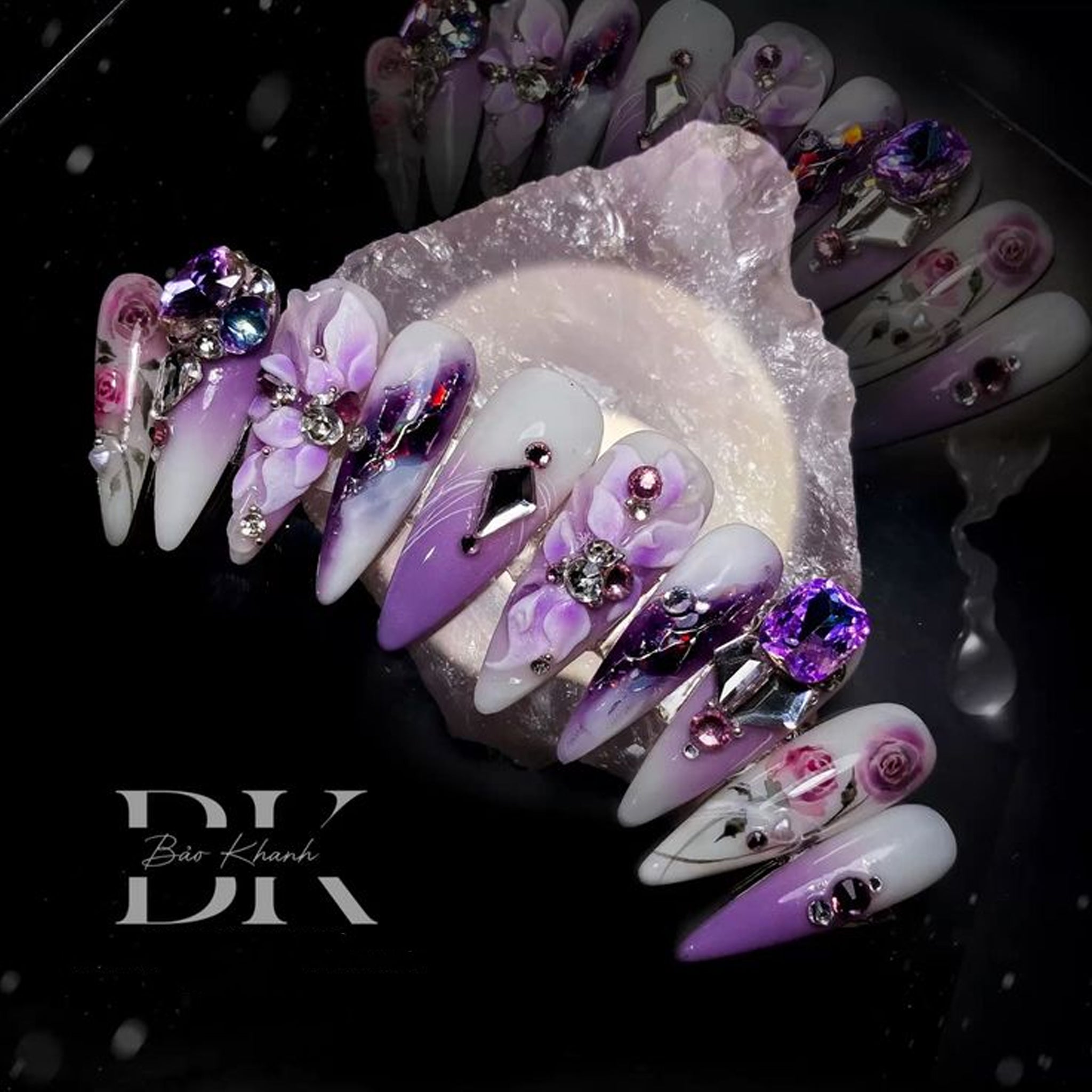 Handmade Purple Ombre Press-On Nails – 3D Floral & Crystal Rhinestones, Long Stiletto, Reusable Luxury Set