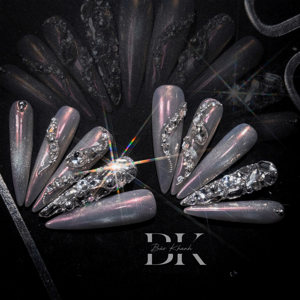 Handmade Chrome Stiletto Press-On Nails – Glamorous 3D Crystal Rhinestone Nail Art for Luxury Look