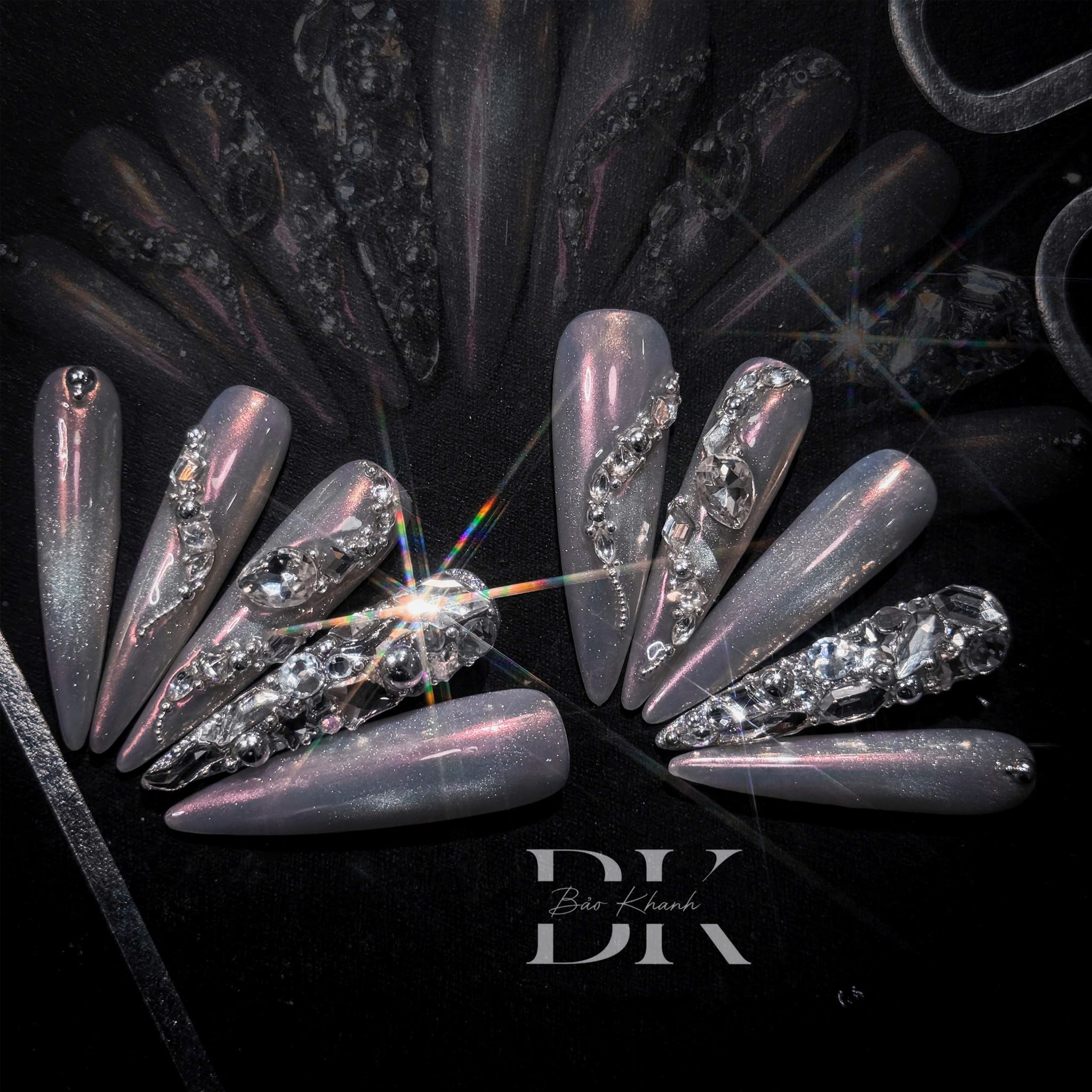 Handmade Chrome Stiletto Press-On Nails – Glamorous 3D Crystal Rhinestone Nail Art for Luxury Look