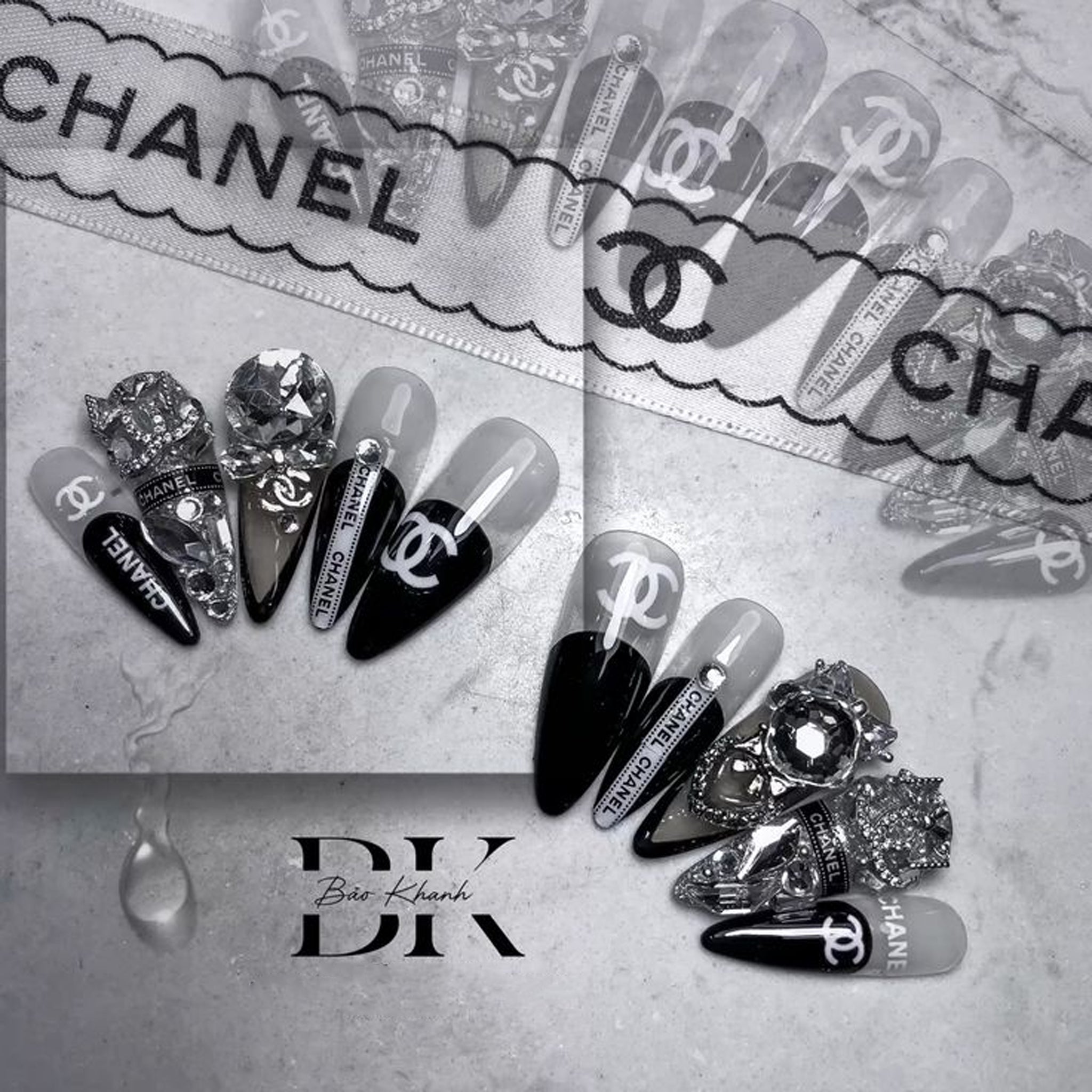 Handmade Luxury-Inspired Black & Clear Press-On Nails – Long Stiletto Set with 3D Rhinestone Charms, Reusable Manicure