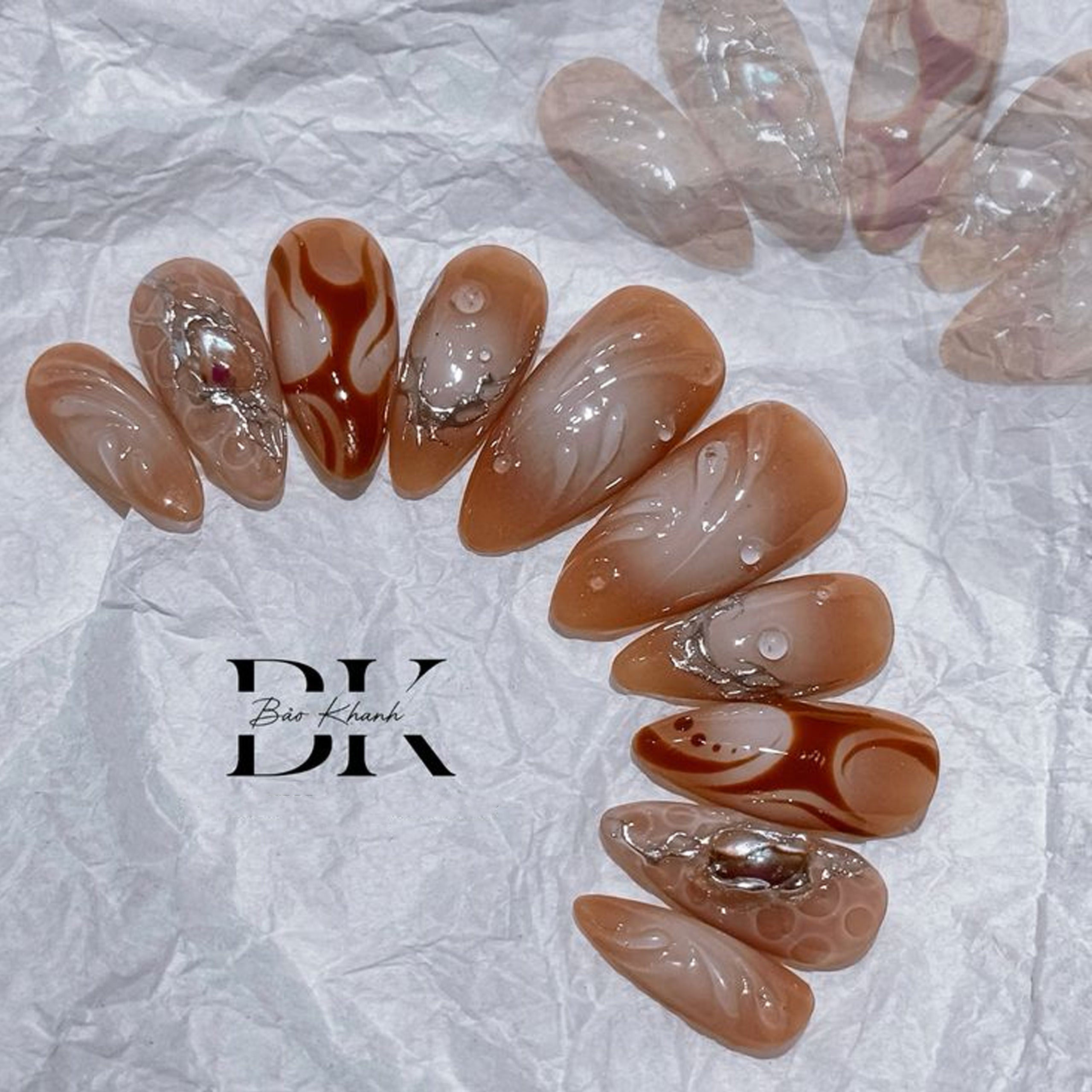 Handmade Brown Marble Press-On Nails – Glossy Swirl Nail Art with Natural Stone Effect