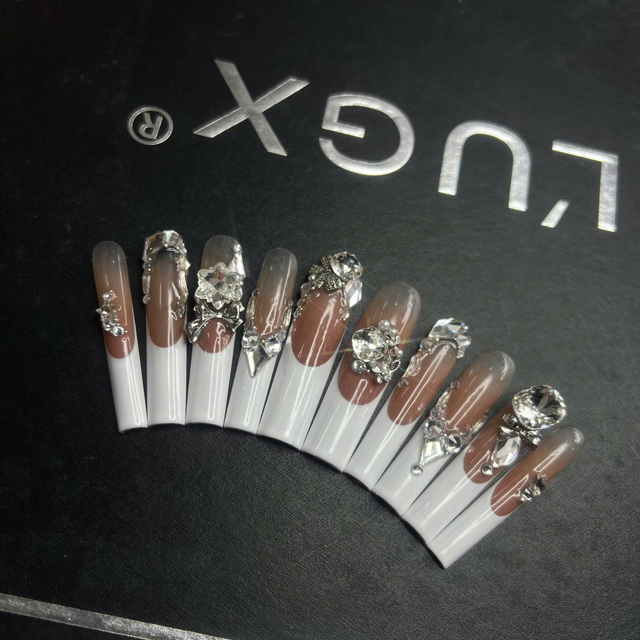 Handmade French Tip Crystal Press-On Nails – Elegant 3D Rhinestone Nail Art for Luxury Manicure