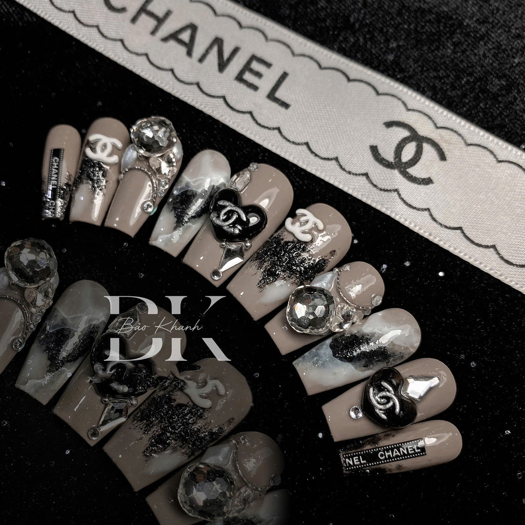 Handmade Luxury Nude Press-On Nails – Elegant Black & White Chanel-Inspired Nail Art with 3D Crystal Accents