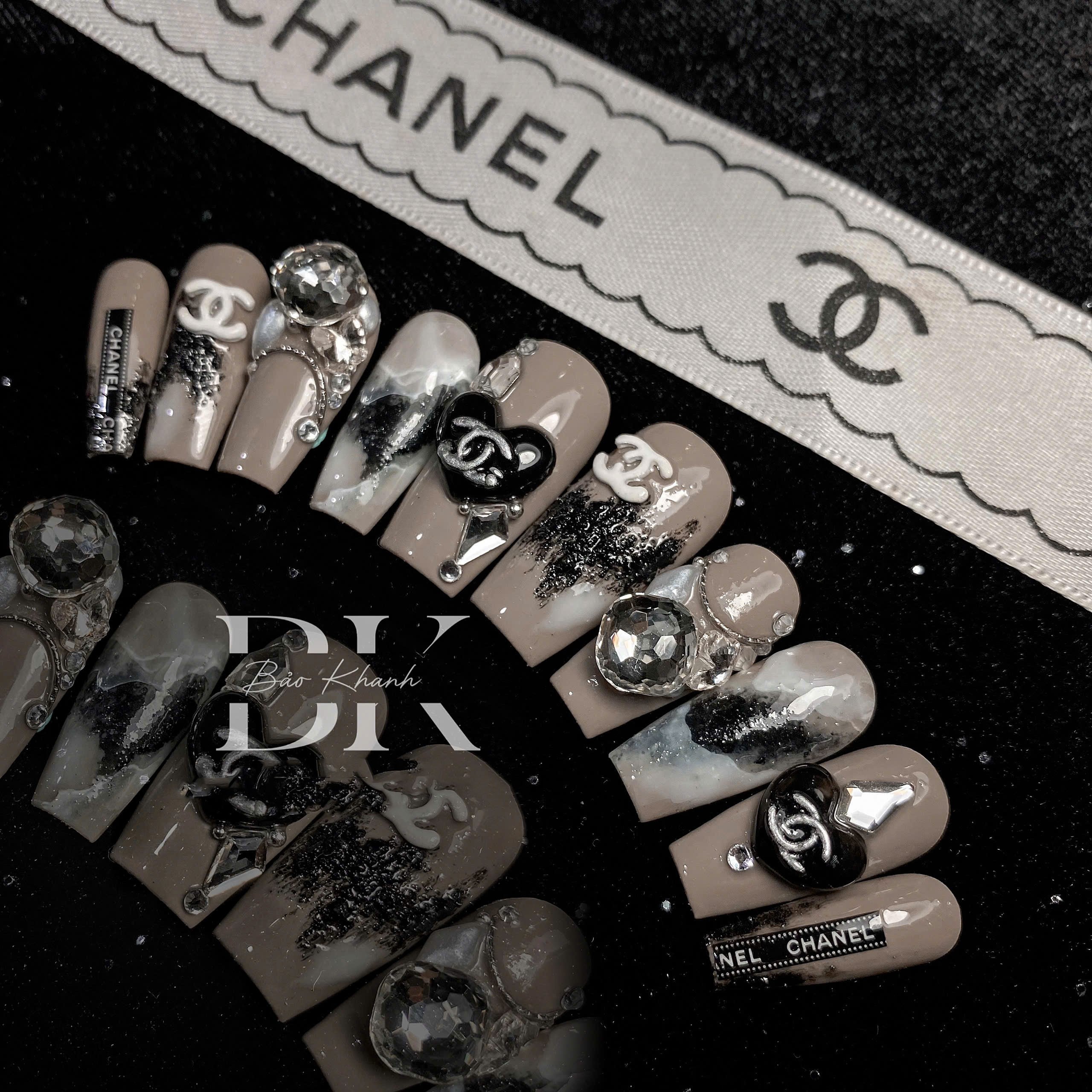Handmade Luxury Nude Press-On Nails – Elegant Black & White Chanel-Inspired Nail Art with 3D Crystal Accents