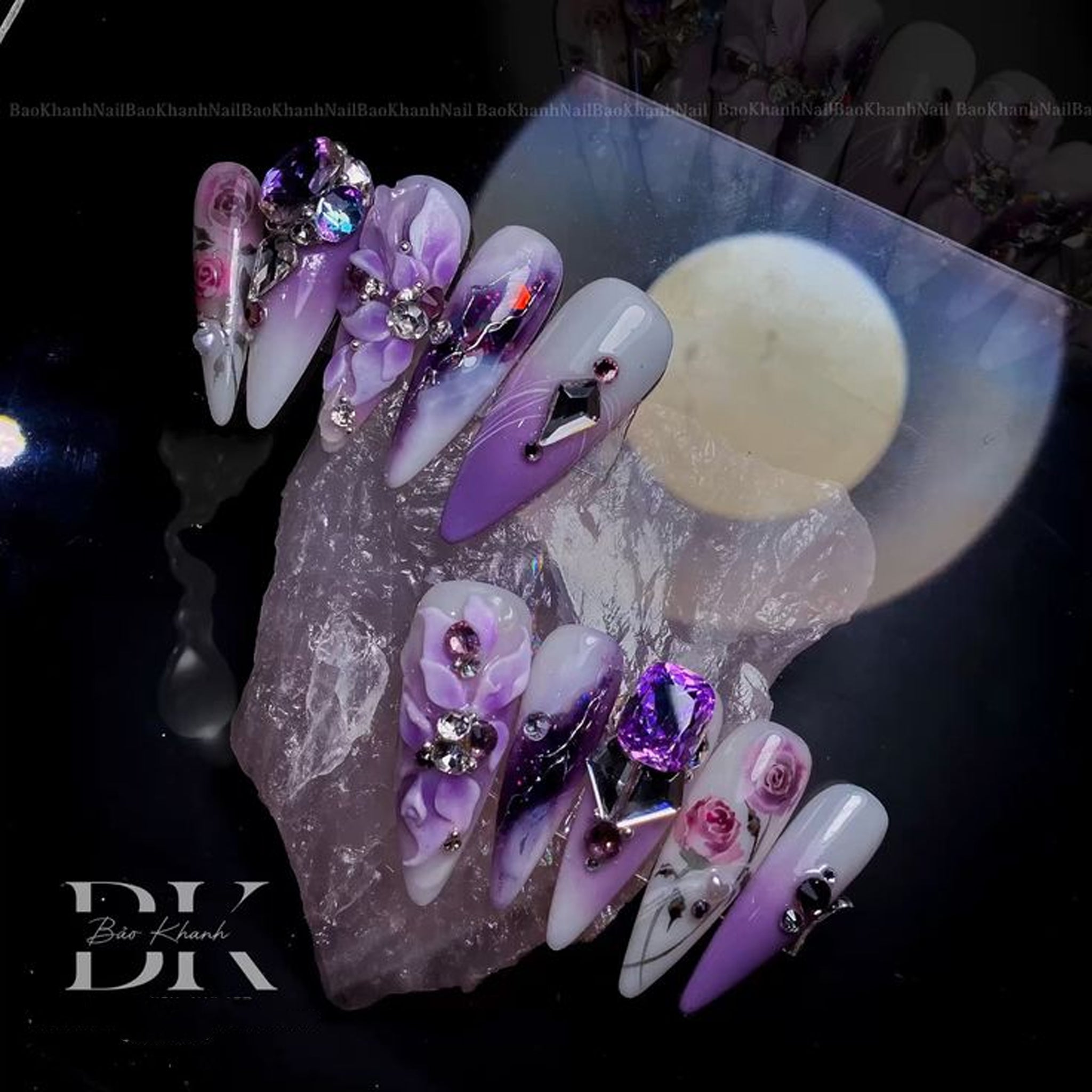 Handmade Purple Ombre Press-On Nails – 3D Floral & Crystal Rhinestones, Long Stiletto, Reusable Luxury Set