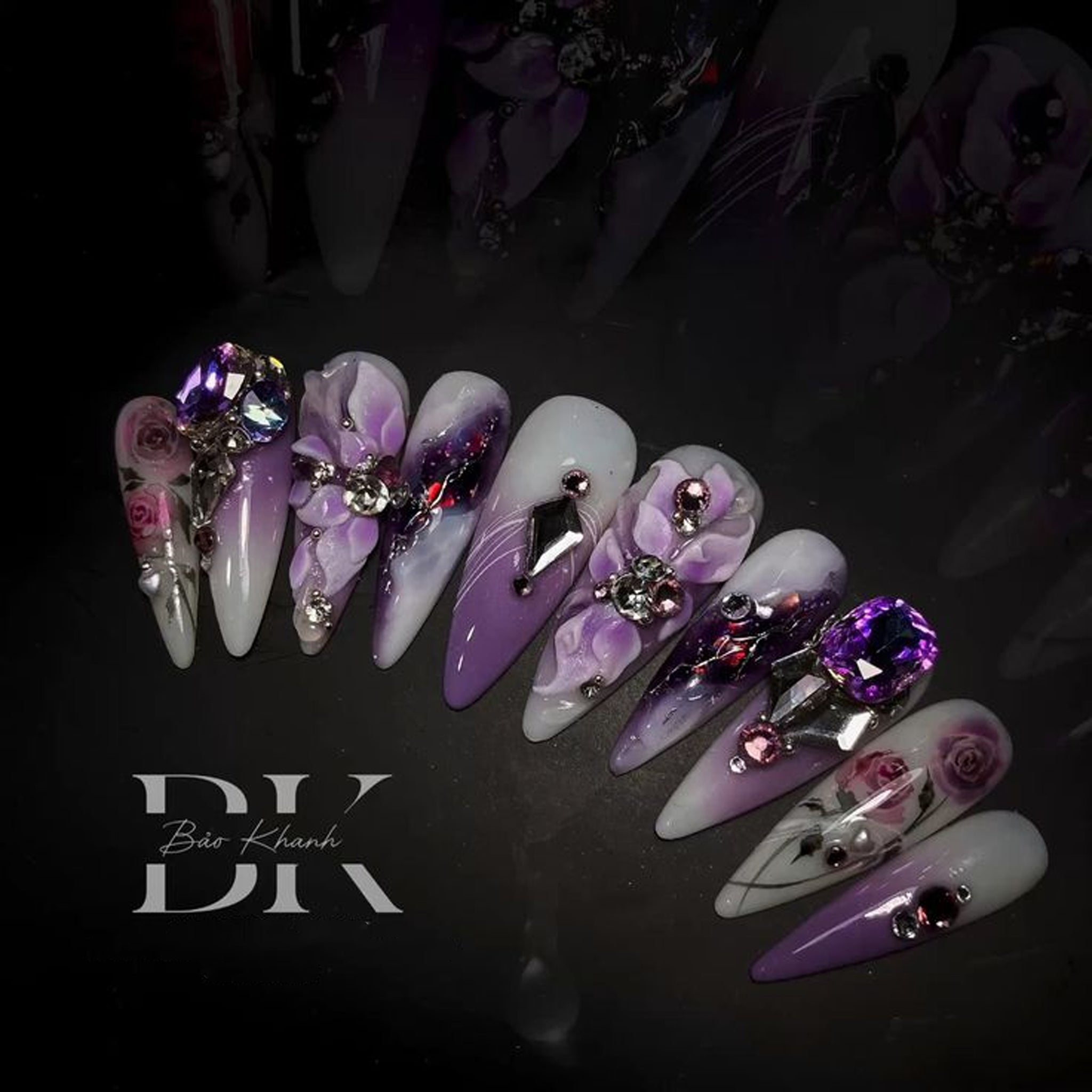 Handmade Purple Ombre Press-On Nails – 3D Floral & Crystal Rhinestones, Long Stiletto, Reusable Luxury Set