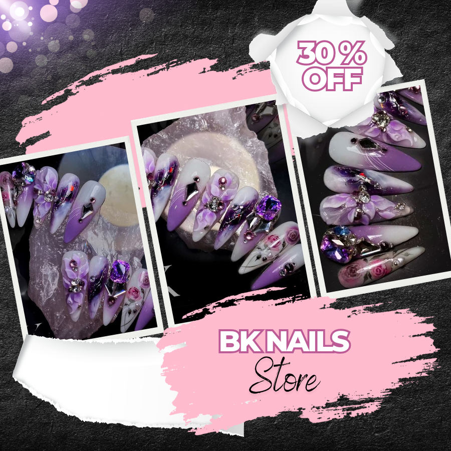 Handmade Purple Ombre Press-On Nails – 3D Floral & Crystal Rhinestones, Long Stiletto, Reusable Luxury Set
