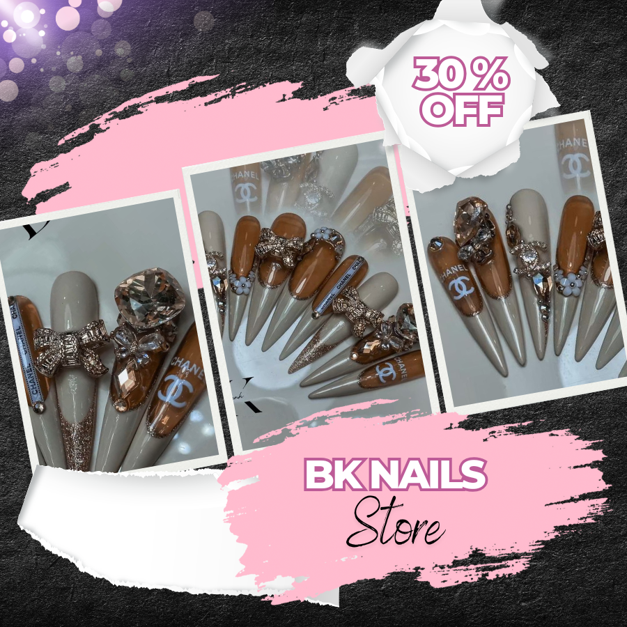 Luxury Nude Caramel Press-On Nails with 3D Bows & Crystals – Long Stiletto, Handmade Designer-Inspired Set