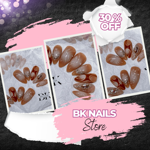 Handmade Brown Marble Press-On Nails – Glossy Swirl Nail Art with Natural Stone Effect