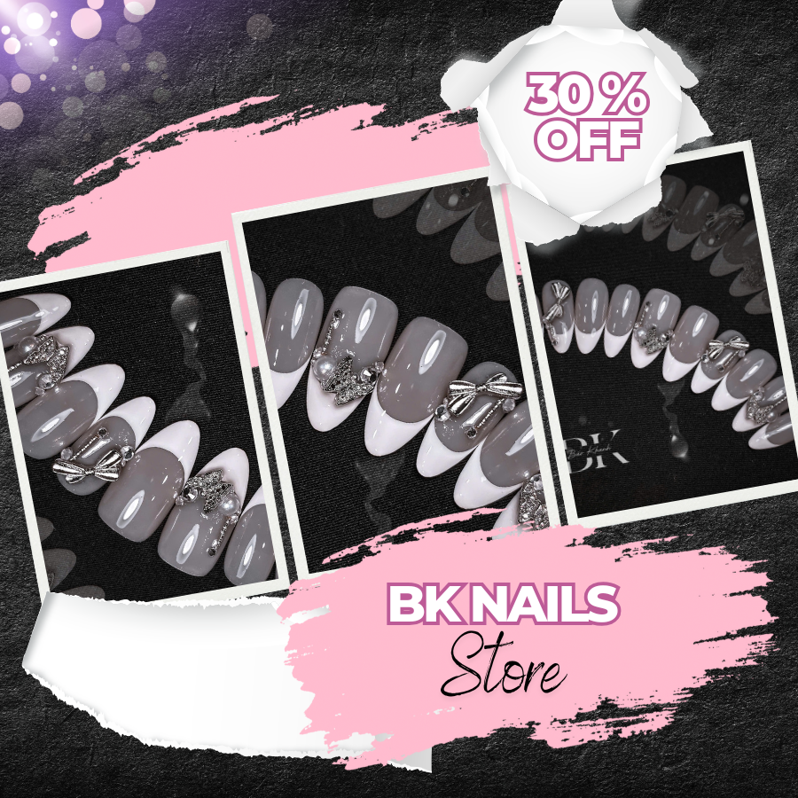 Handmade French Tip Press-On Nails with Silver Bows – Elegant Nude and White Nail Art Set