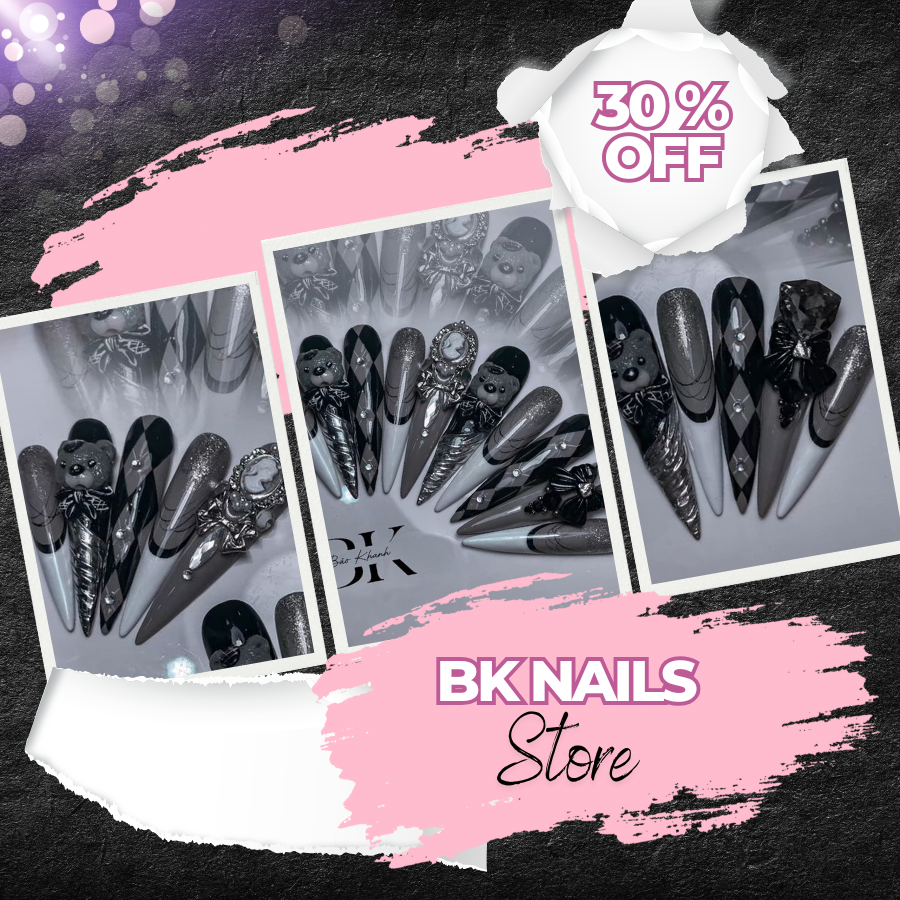 Handmade 3D Press On Nails – Black & Silver Gothic Stiletto Set with Bear Charm, Cameo, Bows & Rhinestones