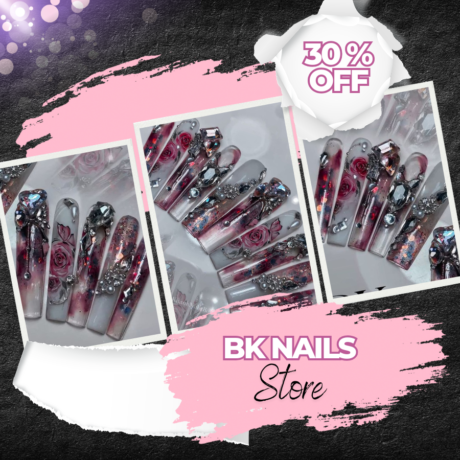 Handmade Luxury 3D Press-On Nails – Pink Rose Design with Crystal & Glitter Embellishments