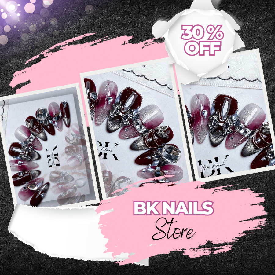 Handmade Burgundy Glitter Press-On Nails with 3D Rhinestones – Custom Luxury Nail Art Set