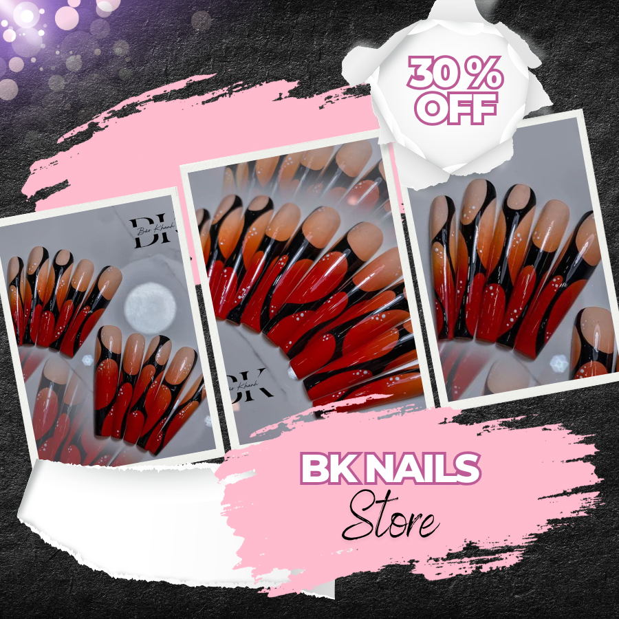 Handmade Long Coffin Press-On Nails – Red & Orange Gradient with Bold Black Abstract Design
