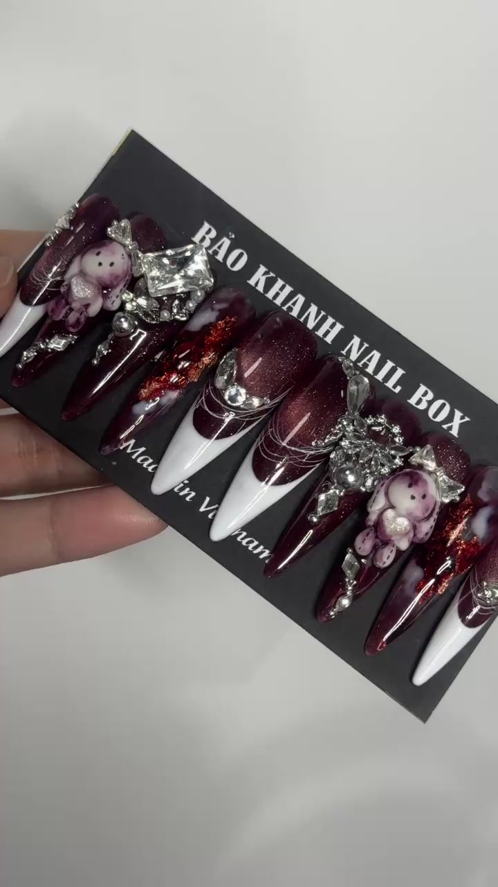 Handmade Red Stiletto Press-On Nails – Cute 3D Teddy Bear & Crystal Rhinestone Nail Art for Unique Luxury Look